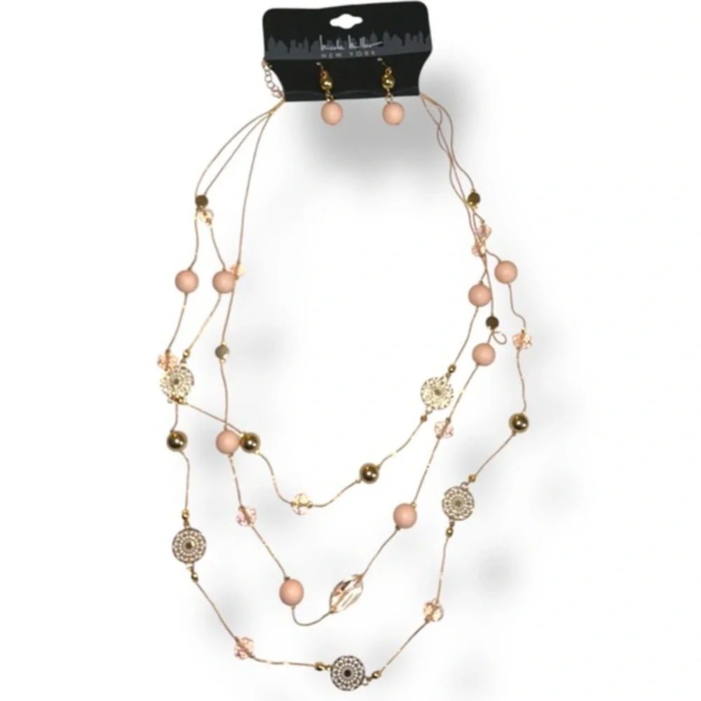 NWT Nicole Miller Three strand embellished long necklace & drop earrings set